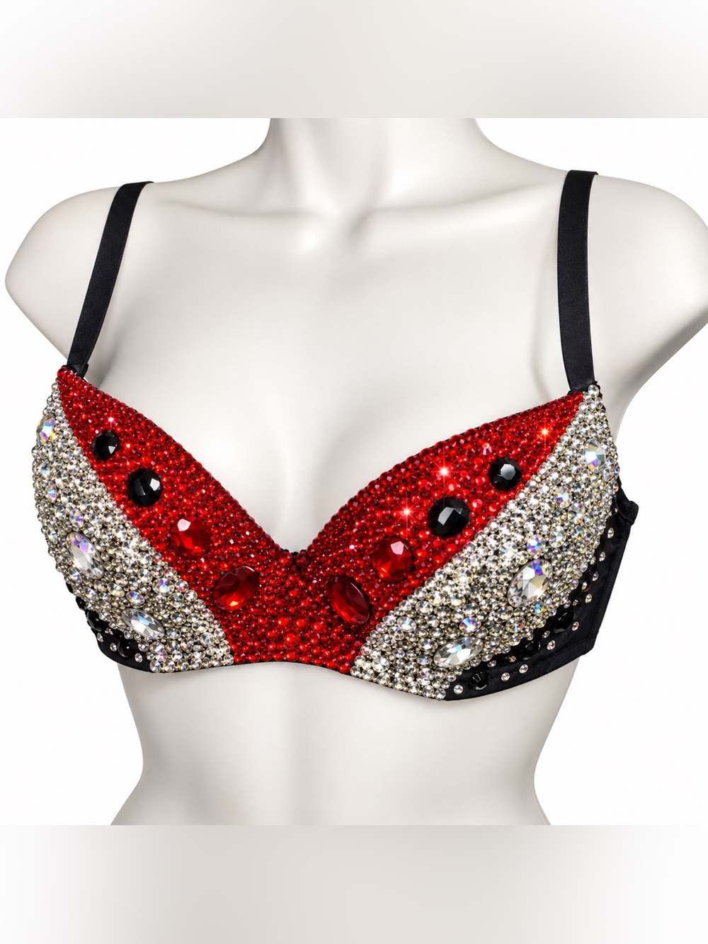 32B Red Jet Black & Crystal Design Rhinestone Crystal Glam Bra New